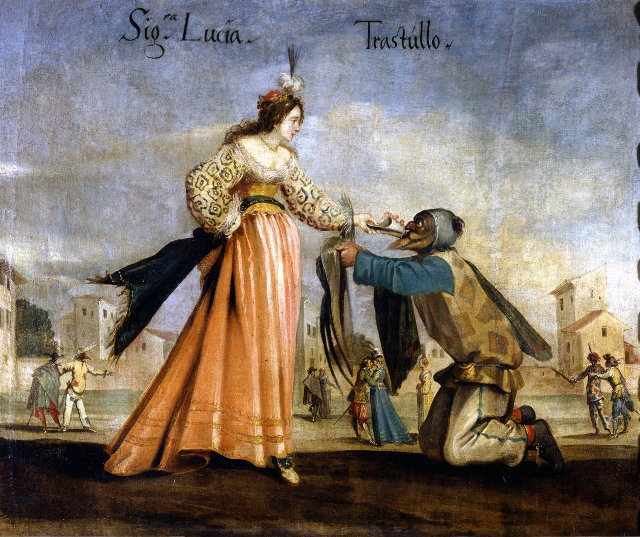 Olasz maszkok. A 17. századi bolognai iskola festménye: Madame Lucia és Trastullo. Museo Scala Milan alkotó: Italian School