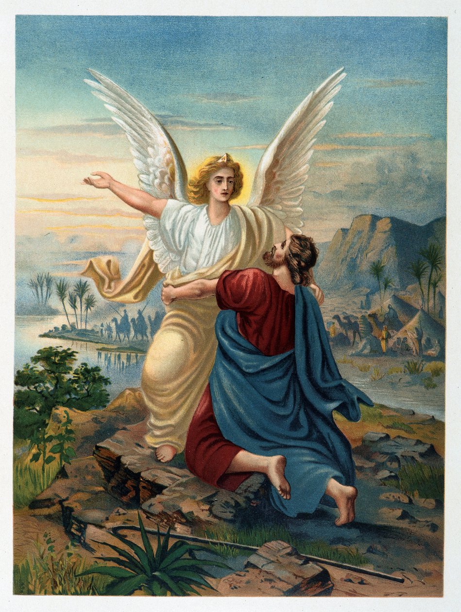 Jákob harca az angyallal az „Arany klasszikus Biblia: az isteni kinyilatkoztatás története az ókorban és az új törekvésekben” című művében, Giovanni Ladislao Sykora (1. köt.), fordította Don Clemente Benetti. (olasz Biblia) alkotó: Italian School