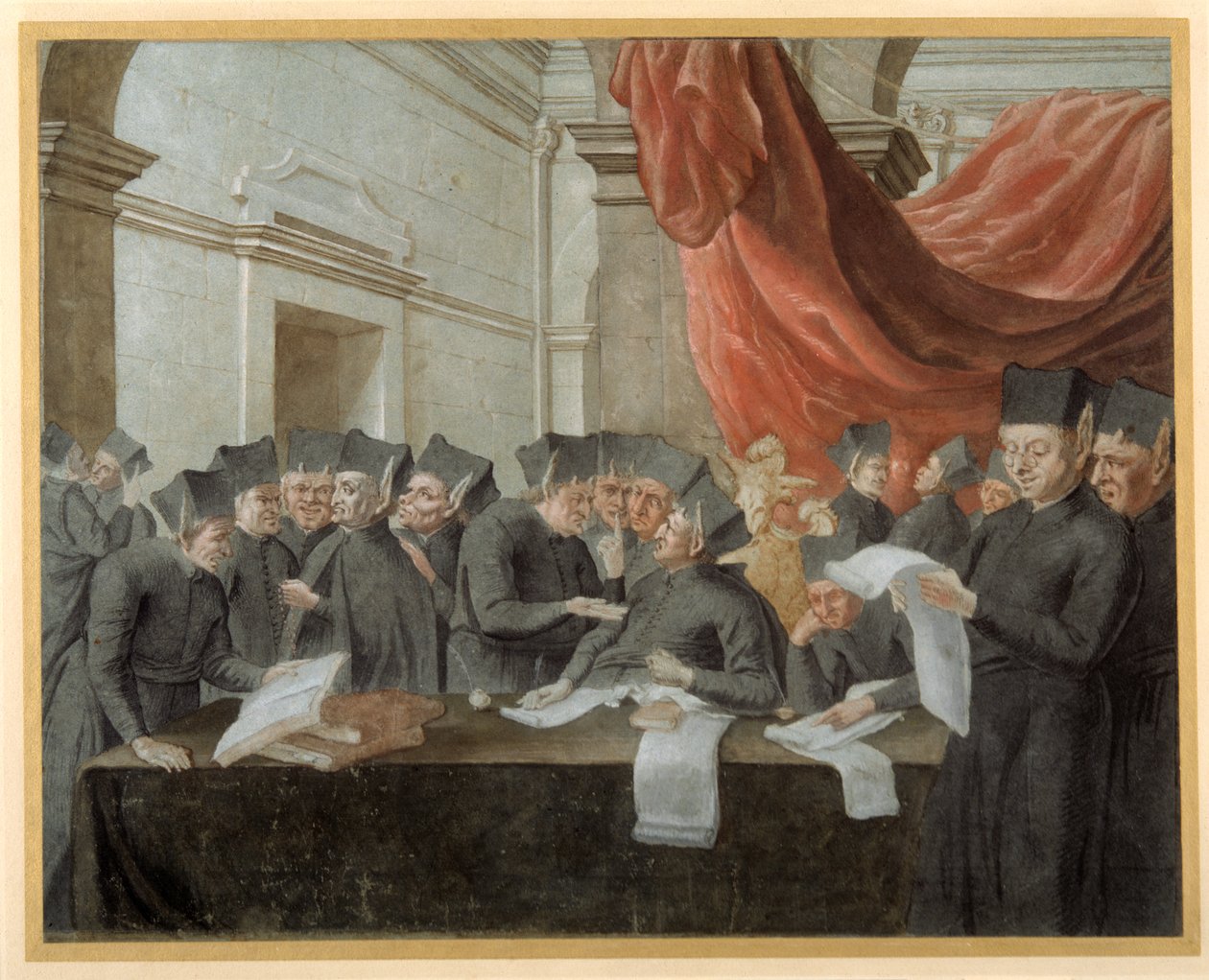 Jezsuiták konklávéban, számlákról vitatkoznak (toll és tinta akvarellel papíron) alkotó: Italian School