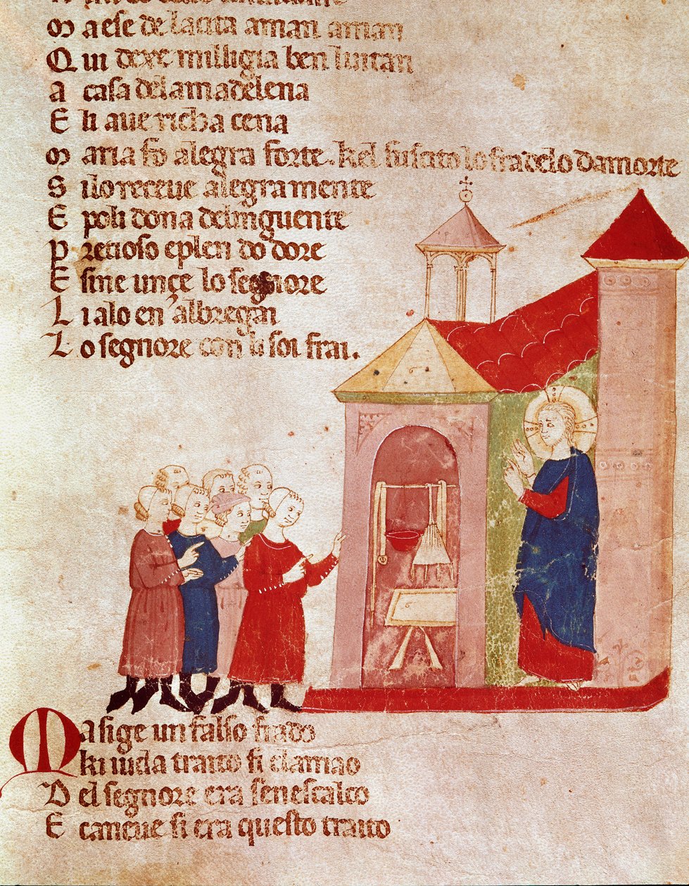 Jesus chez Marie Madeleine Miniatűr a "" Del novo e del vedre testamento ""-ból, Pietro da Barsegape (13. század) 14. század Milánó, Biblioteca Braidense alkotó: Italian School