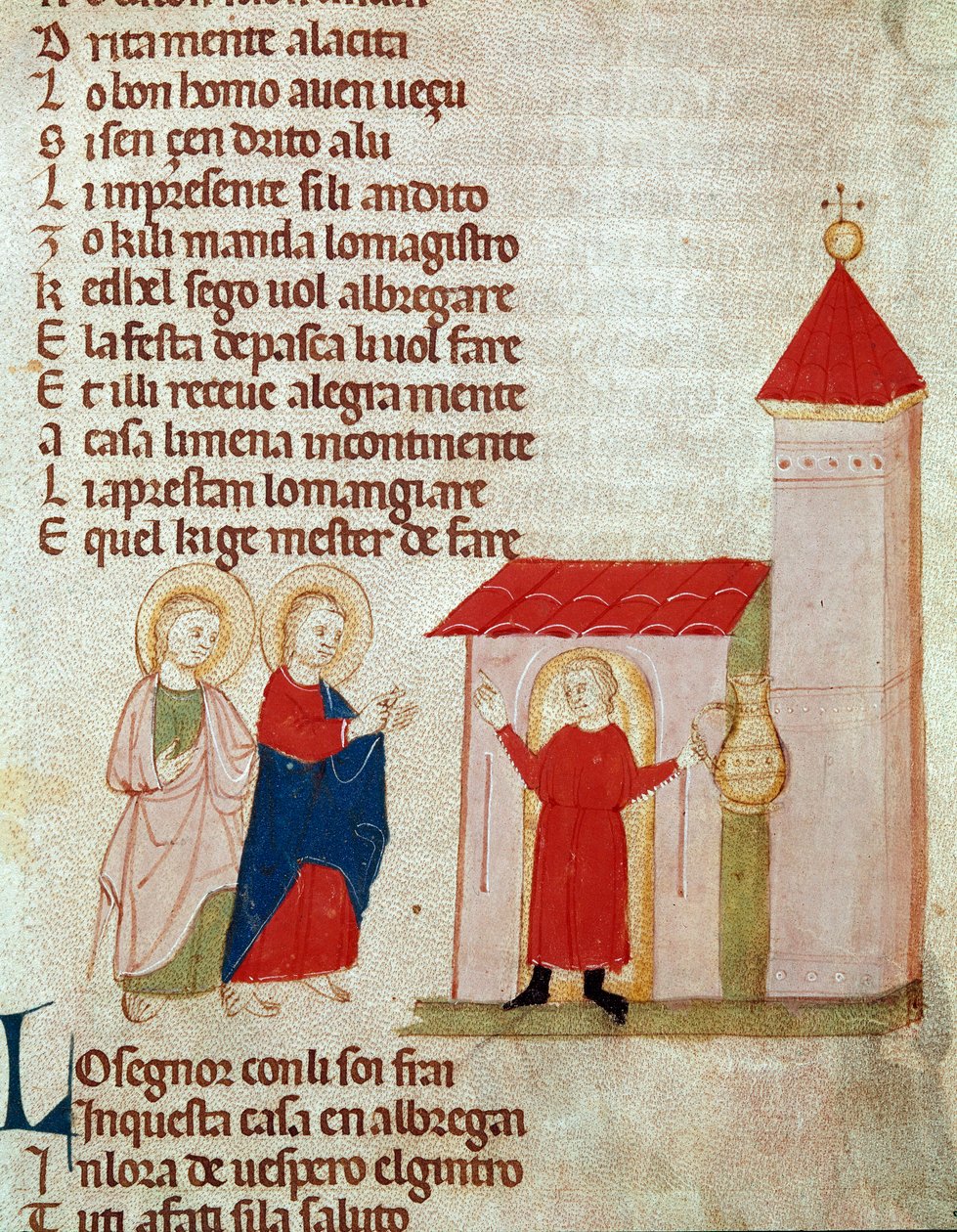 József és Mária menedékjogot kérnek Miniatűr a "" Del novo e del vedre testamento ""-ból Pietro da Barsegape (13. század) 14. század Milánó, Biblioteca Braidense alkotó: Italian School