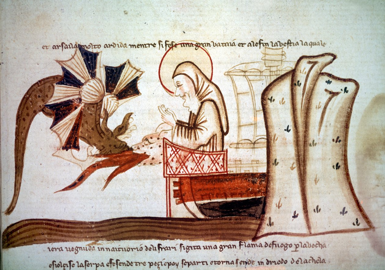 Szent Brandan utazása – Saint Brendan (Brandan), a 6. századi szerzetes navigátor találkozása egy repülő tengeri szörnyeteggel. kézirat Velence, 14. század 2. fele Párizs, BNF, Kéziratok, Olasz 1708, f. 16 alkotó: Italian School