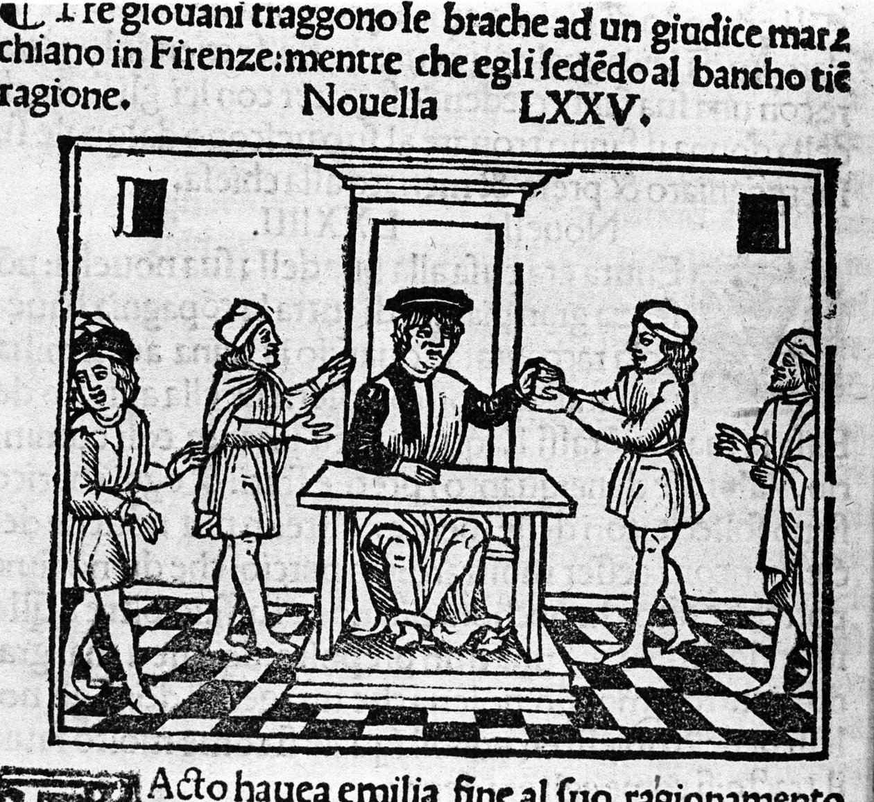 Ítélet jelenete Firenzében. Illusztráció a „Dekameron” 75. híréhez (a nyolcadik nap új 5. számához), Giovanni Boccaccio dit Jean Boccaccio (1313-1375) olasz írótól. Gravírozás: „” Decamerone ouer Cento nouelle”” Velence, Bartolomeo de 