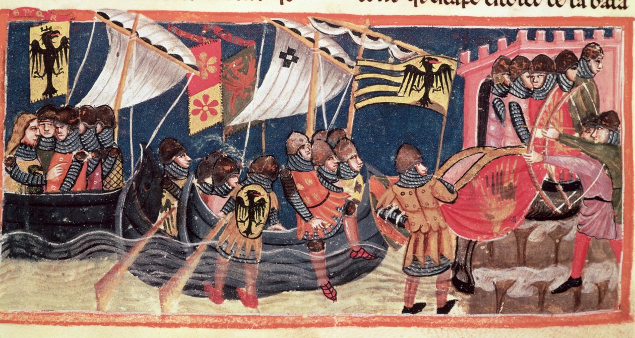 Julius Caesar (Kr. e. 100-44) partraszállás Angliában, a Le Vite di Dodici Cesariból, Gaius Suetonius Tranquillus (75-150 körül) alkotó: Italian School