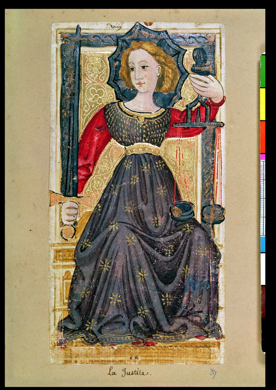 Igazságosság, tarot kártya a „Charles VI” vagy a „Gringonneur” pakliból (kézzel festett kártya) alkotó: Italian School