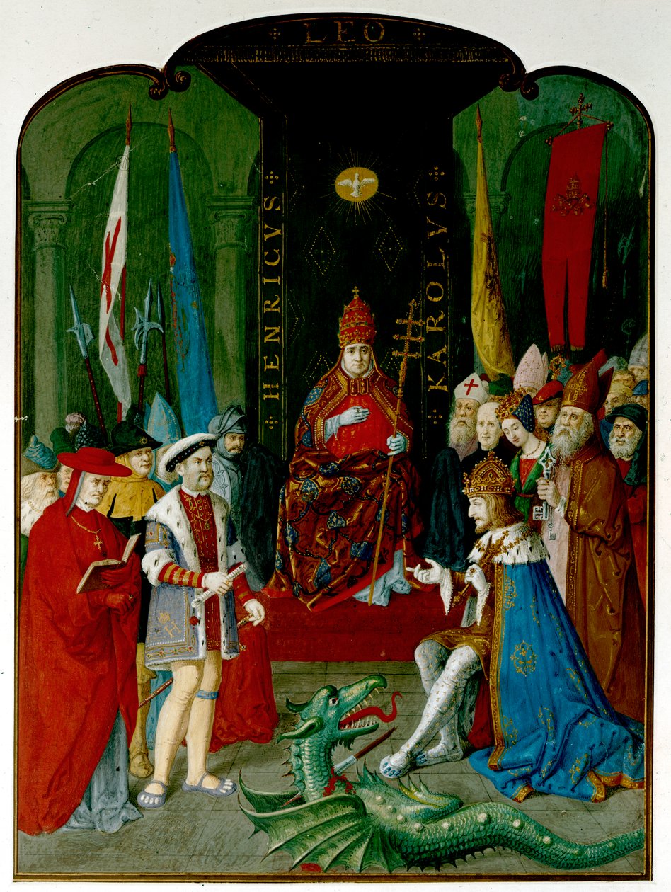 VIII. Henrik király vitában V. Károly császárral X. Leó pápa előtt. Henrik kezében egy tekercs lehet, amely az 1521-es bulla lehet, amely a „Hitvédő” címet adományozta neki (tinta és akvarell papíron) alkotó: Italian School