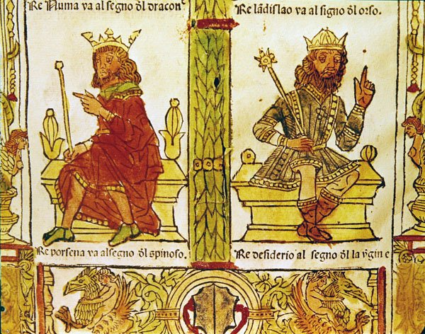 Porsenna király és Desiderius király, Lorenzo Spirito Gualtieri A sors könyve című művéből (nyomtatott papír) alkotó: Italian School