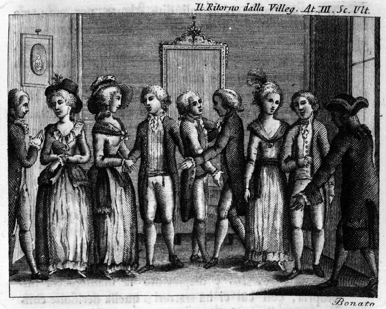 Carlo Goldoni (1707-1793) „Ritorno della villeggiatura” (A város visszatér) (1761) című képregényének III. felvonásának utolsó jelenete. 18. századi metszet. alkotó: Italian School