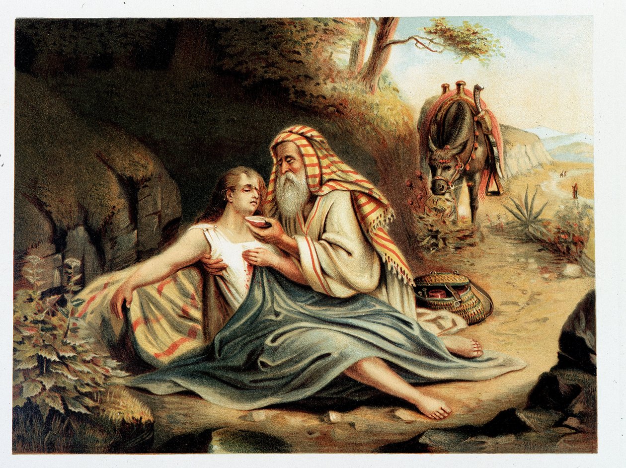 Le Bon Samaritan - „” Arany klasszikus Bibliában: az isteni kinyilatkoztatás története az ókorban és az új törekvésben” Giovanni Ladislao Sykora (2. köt.), Don Clemente Benetti fordítása. (olasz Biblia) alkotó: Italian School