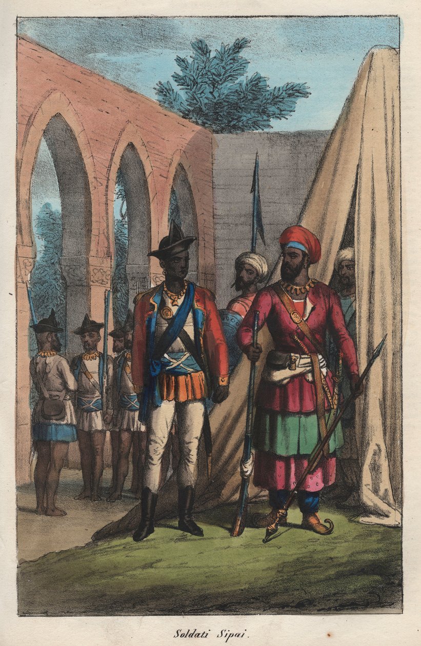 Les sepoys (cipaye, cipahi, cepoy, sipahi), indiánokból álló hadsereg a Kelet-indiai Társaság szolgálatában - indiai sepoy (katona) - metszet a „Szokások és szokások az Univerzum minden népének. Ez a kormány, a törvények, a milícia története, d alkotó: Italian School