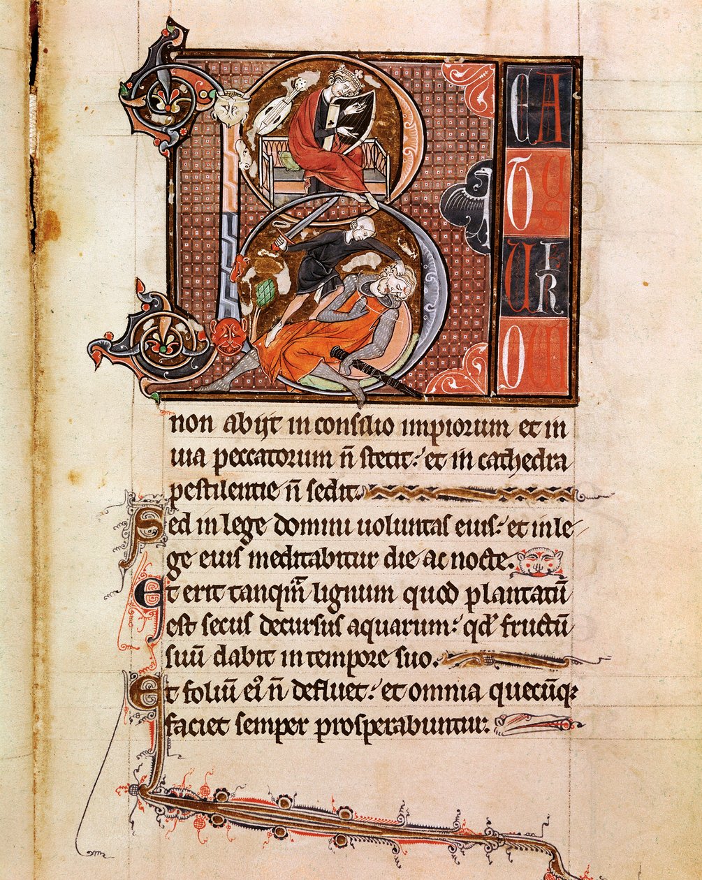 Dávid király pslateriont játszó és Góliát oldalt fedélzeti ábrázolásának B betűje a „” Psalterium Cum Calendario” kéziratból” 13. századi Padova, a szeminárium bibliotékája. alkotó: Italian School
