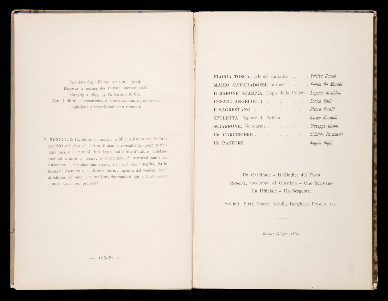 Librettó: Tosca, Giacomo Puccini, Ricordi kiadás, Olaszország alkotó: Italian School
