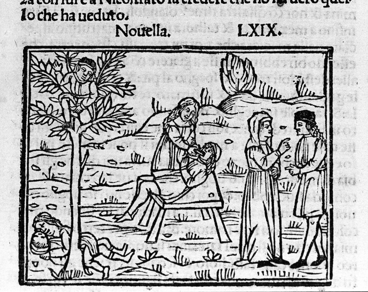 Lidiát, a házasságtörő feleséget meglepi férje Pirro karjában. Illusztráció a „Dekameron” 69. híréhez (a hetedik nap új 9-e), Giovanni Boccaccio dit Jean Boccaccio (1313-1375), olasz író. Metszet „” Decamerone ouer Cento no alkotó: Italian School