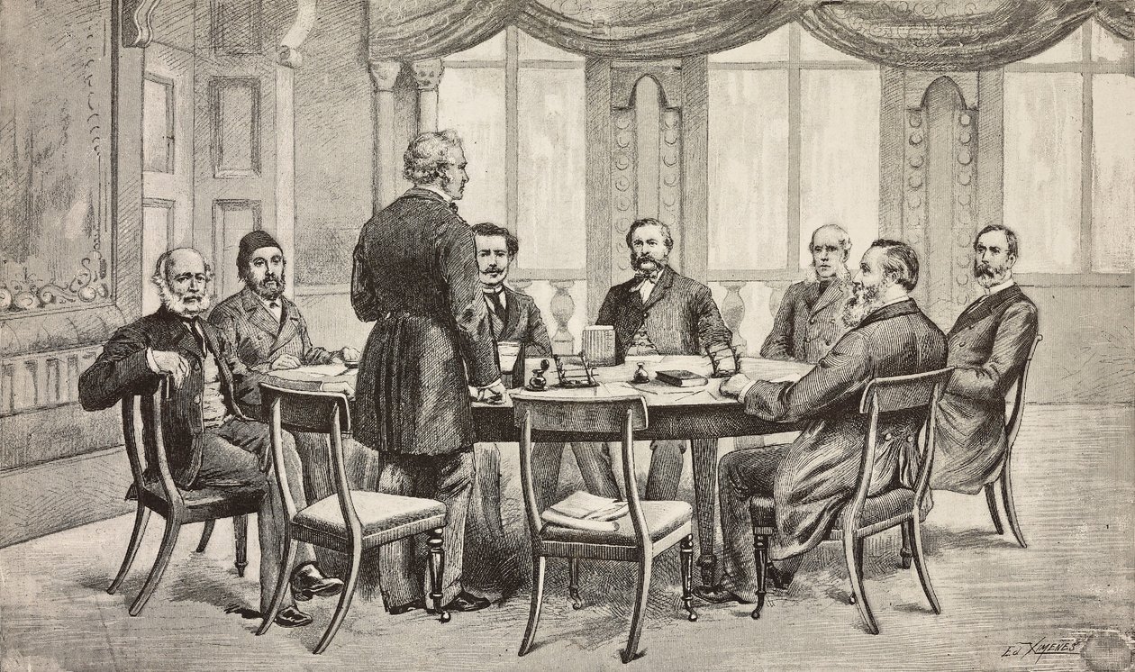 Londoni konferencia Egyiptomról, Egyesült Királyság: Munster gróf, Musurus pasa, Granville (áll), Nigra gróf, Waddington, De Staal, Childers, Károlyi gróf, metszet Edoardo Ximenes rajzából, L