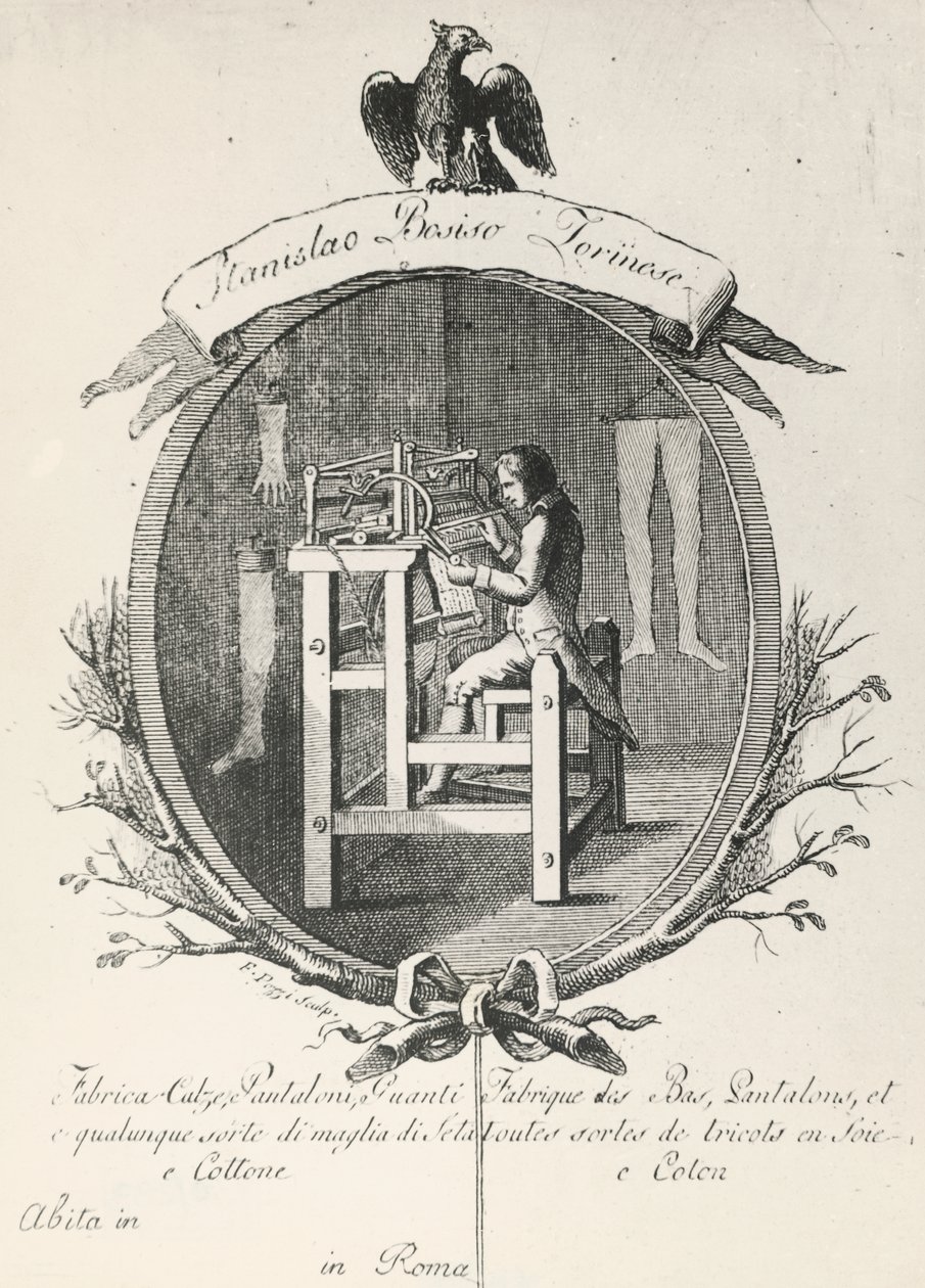 Szövőszék zokni, nadrág és kesztyű készítéséhez, gravírozás a Stanislaus Bosiso céget reklámozó plakáthoz, Olaszország alkotó: Italian School