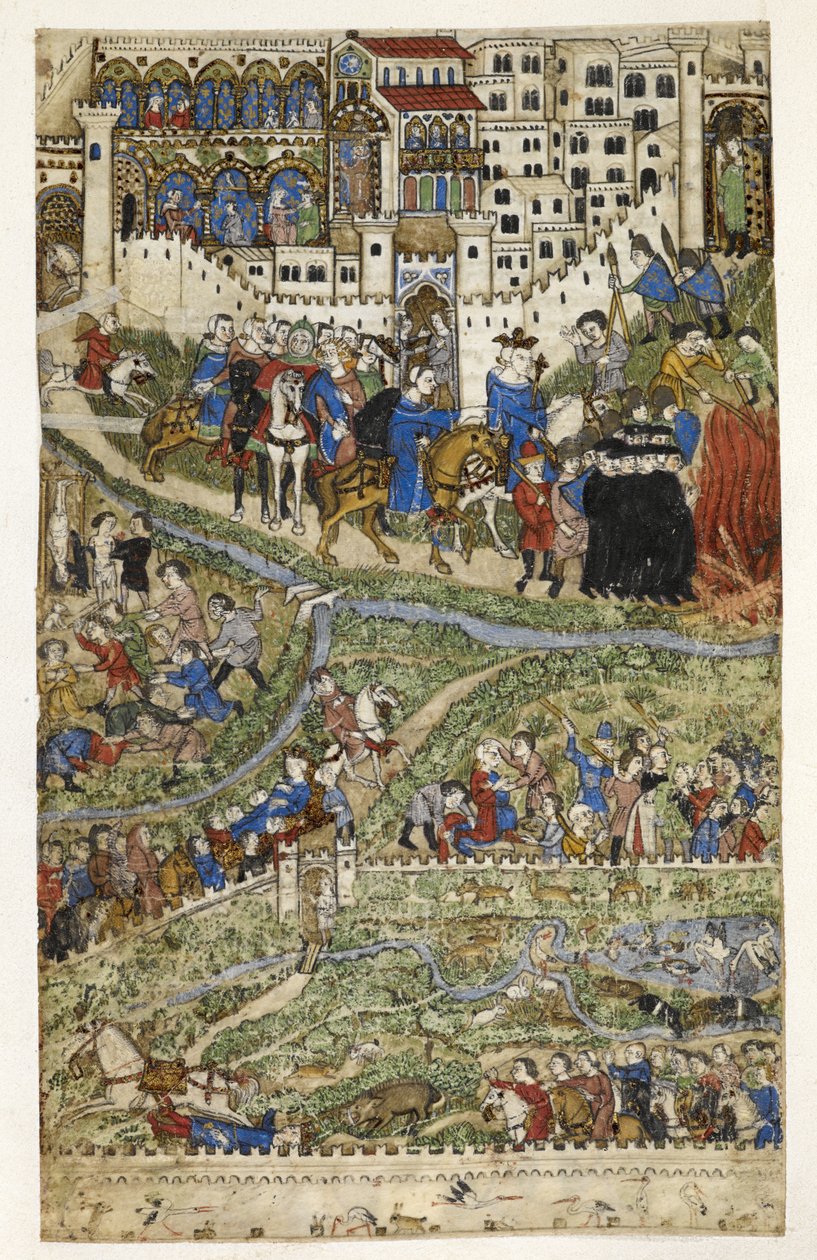 MS Add.27695 fol.6v A templomosok elpusztítása és IV. Fülöp francia király (1268-1314) halála, illusztráció a genovai Cocharelli „A bűnökről szóló értekezéséből”, 14. század vége (vellum) alkotó: Italian School