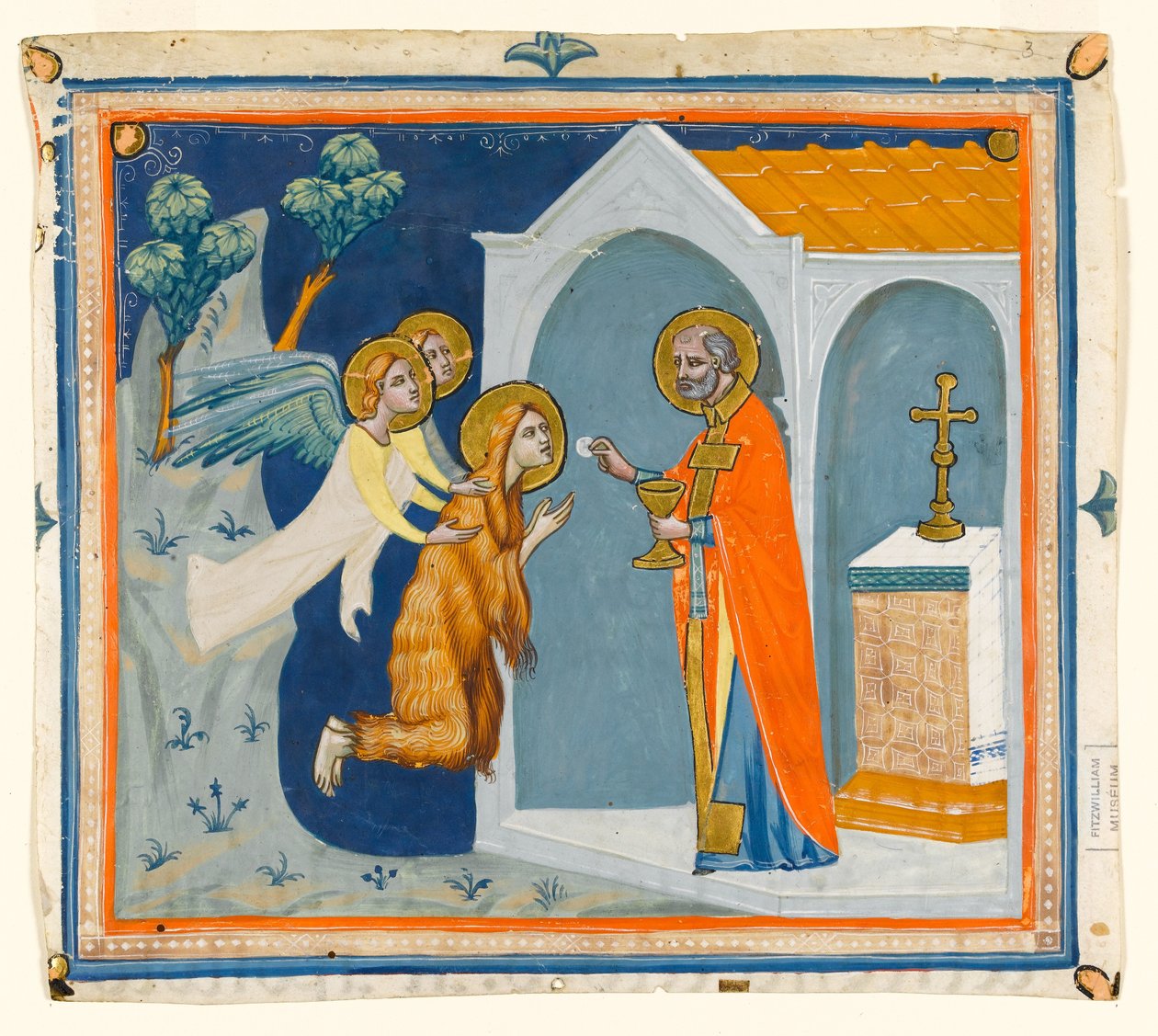 MS McClean folio 201.4 r Szent Mária Magdolna, az Aix körüli vadonban, angyalok viszik Szent Maximinhoz, aki utolsó áldozását végzi, 1330 körül alkotó: Italian School
