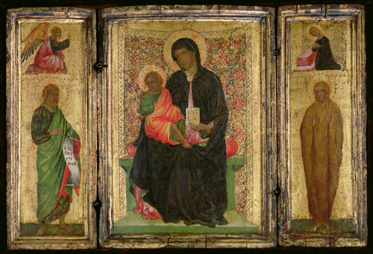Madonna és gyermek trónoló (L-R) Keresztelő Szent Jánossal fent az Angyali üdvözlet angyalával és Szent Mária Magdolna a Szűz Angyalával fent, 1360-70 körül (tempera a panelen) alkotó: Italian School