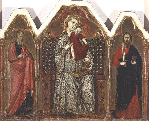 Madonna és Gyermek trónolt, az SS-szel. János evangélista és Pál, Rimini Iskola (triptichon panel) alkotó: Italian School