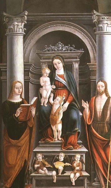Madonna és gyermeke rózsát kap a Keresztelő Szent János csecsemőtől, szentekkel és angyalokkal, M.B. (monogram) alkotó: Italian School