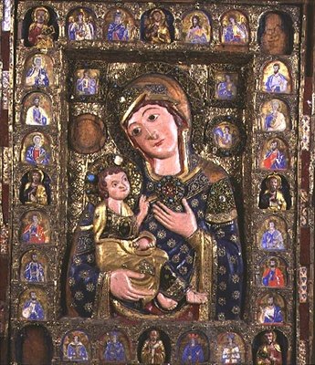 Madonna és gyermek evangélistákkal és prófétákkal, központi triptichontábla (fa, ezüst filigrán és zománc) (76918 részlet) alkotó: Italian School