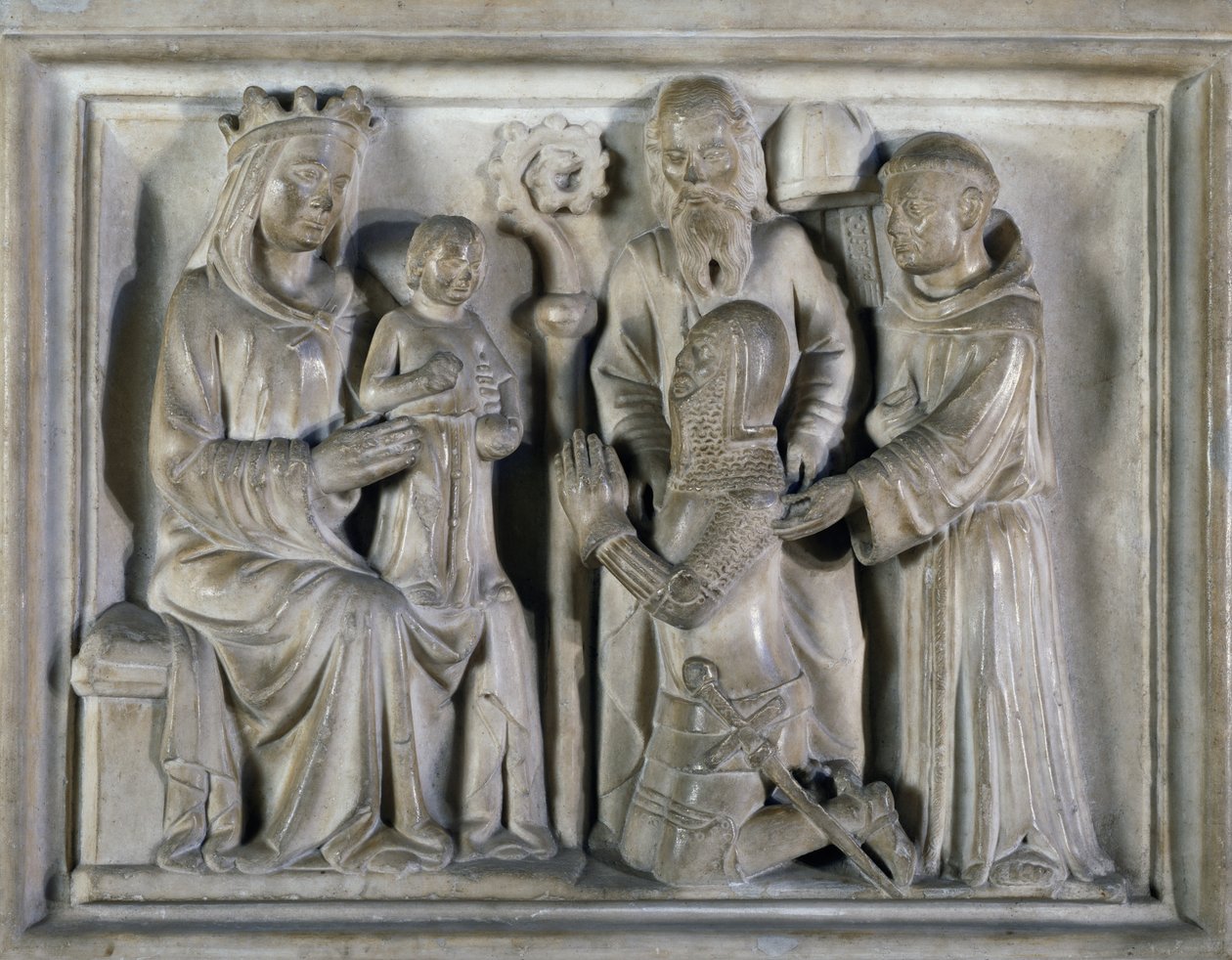 Madonna és gyermek, harcossal és szentekkel, a The Masters of Campione által készített dombormű. Olaszország alkotó: Italian School