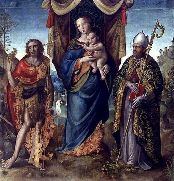 Madonna és gyermeke szentekkel (olaj, tábla) alkotó: Italian School