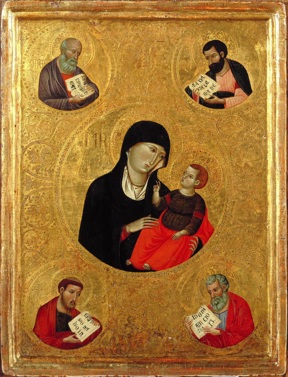 Madonna és gyermeke a négy evangélistával (tempera és aranylevél a panelen) alkotó: Italian School