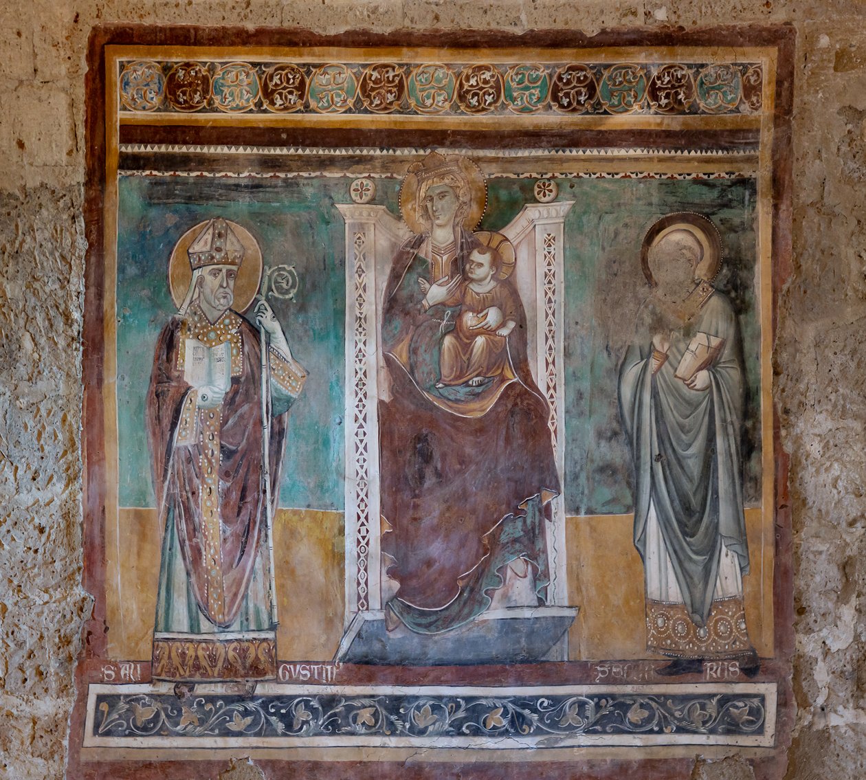 Madonna Szent Ágoston és Perselussal trónolt, Feszület oratóriuma, a XIII. század utolsó negyede (freskó) alkotó: Italian School