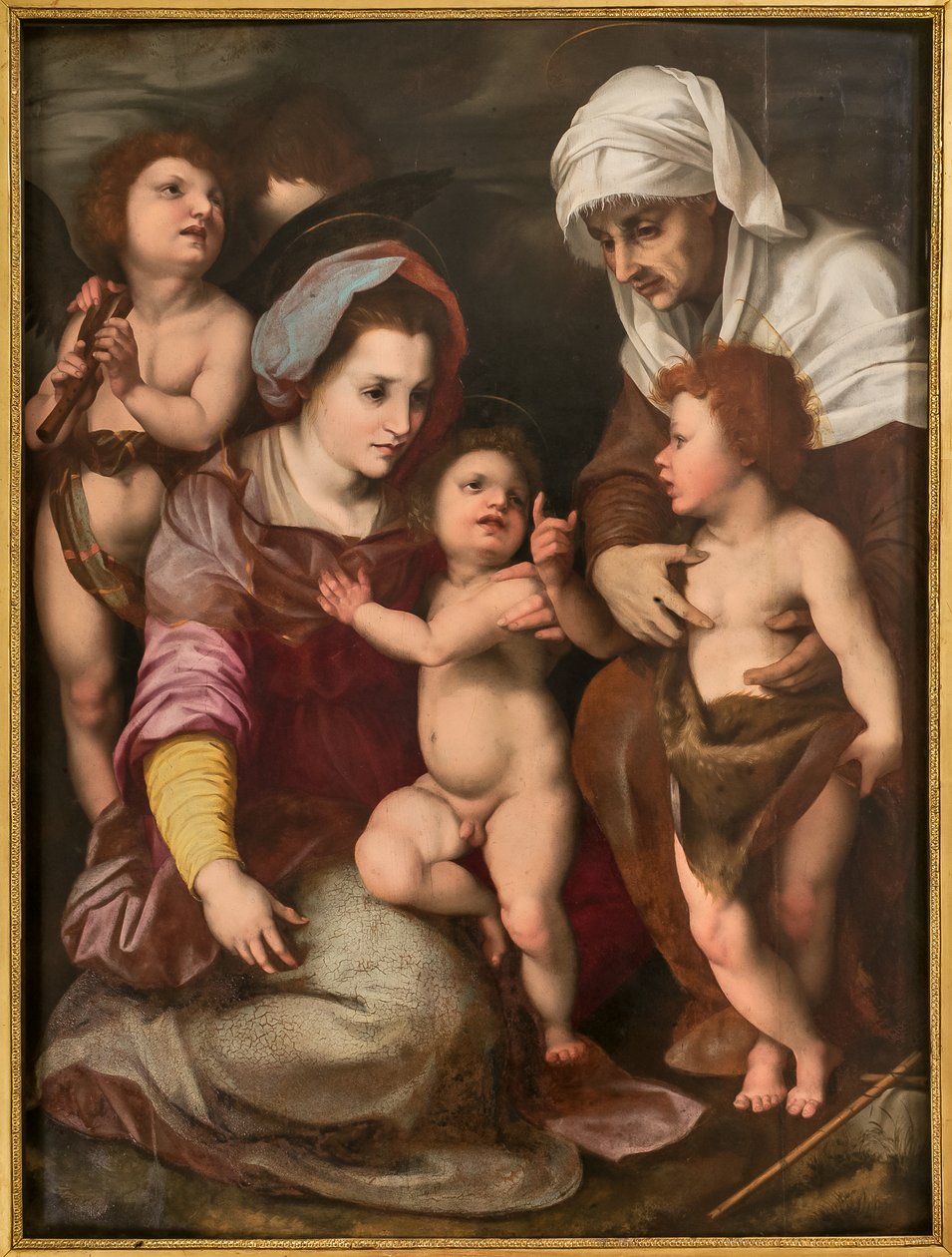 Madonna gyermek Jézussal, Szent Erzsébettel, Szent János csecsemővel és két angyallal, Andrea Del Sarto másolata (olaj a táblán) alkotó: Italian School