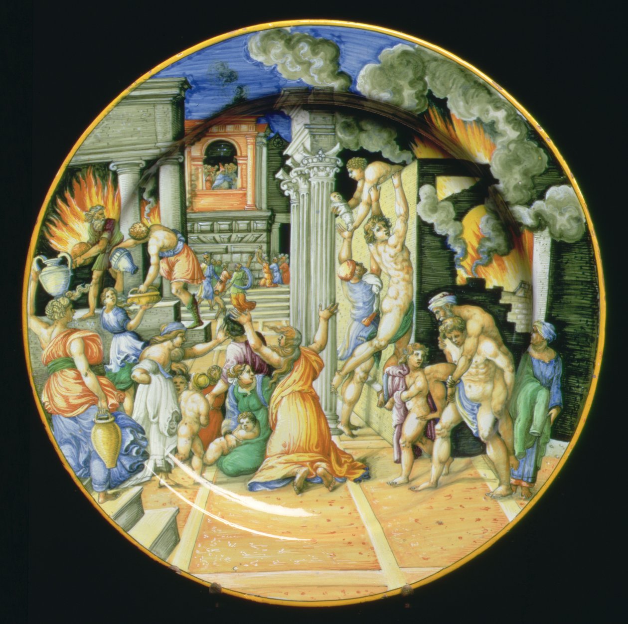 Maiolica tányér, amely Trója égését ábrázolja, Aeneassal, aki a hátán hordja apját, Anchisist, oldalán fiával, Ascaniusszal, olasz alkotó: Italian School