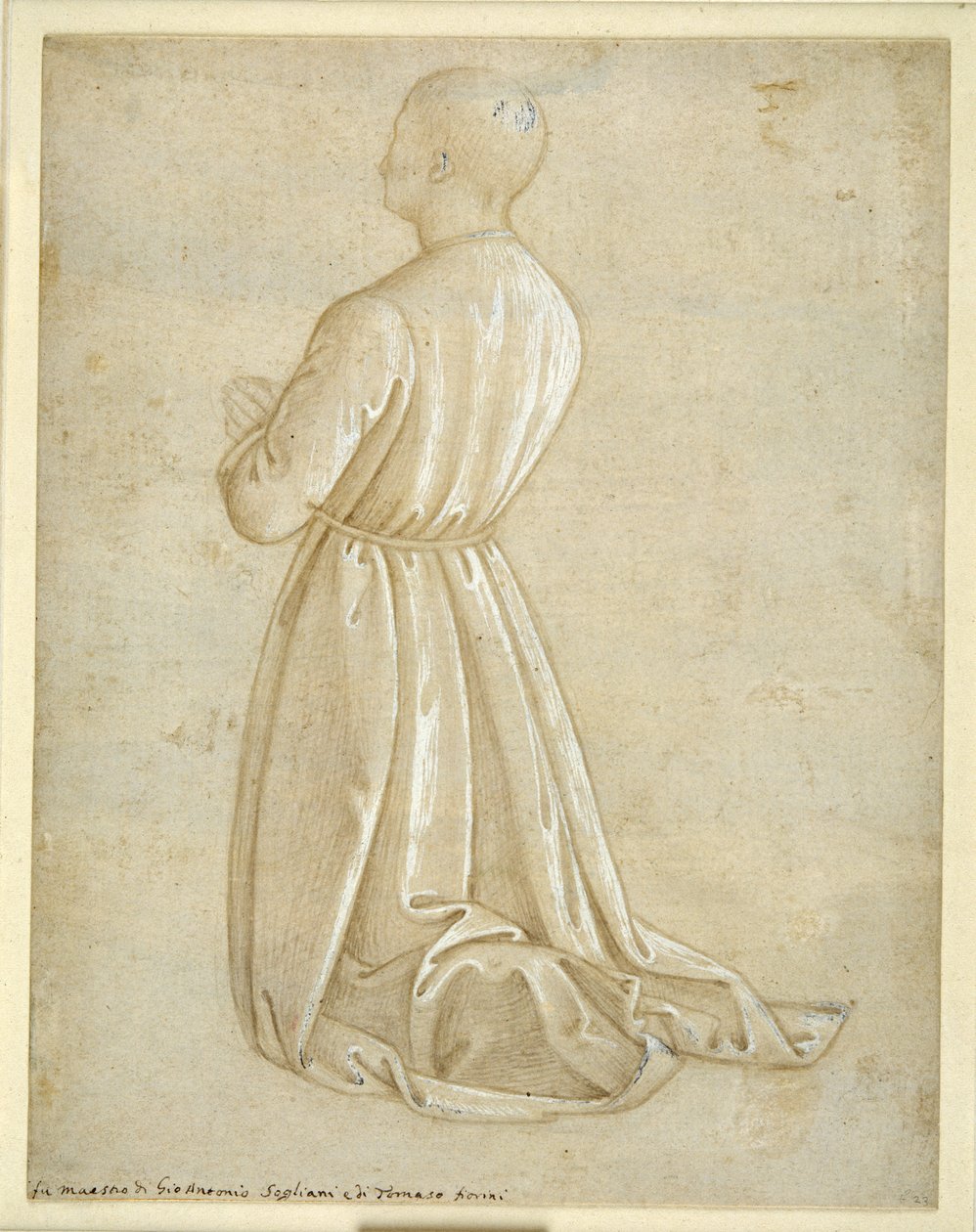 Férfi térdelő imában, hátulról nézve (fémhegy, gouache papíron) alkotó: Italian School