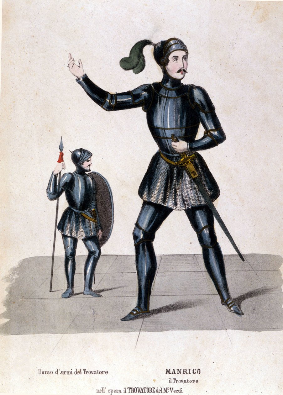 Manrico jelmeze a Trouvère (Trovatore) első ábrázolásához Giuseppe Verdi (1854) biblioteca de la scala de Milan alkotó: Italian School