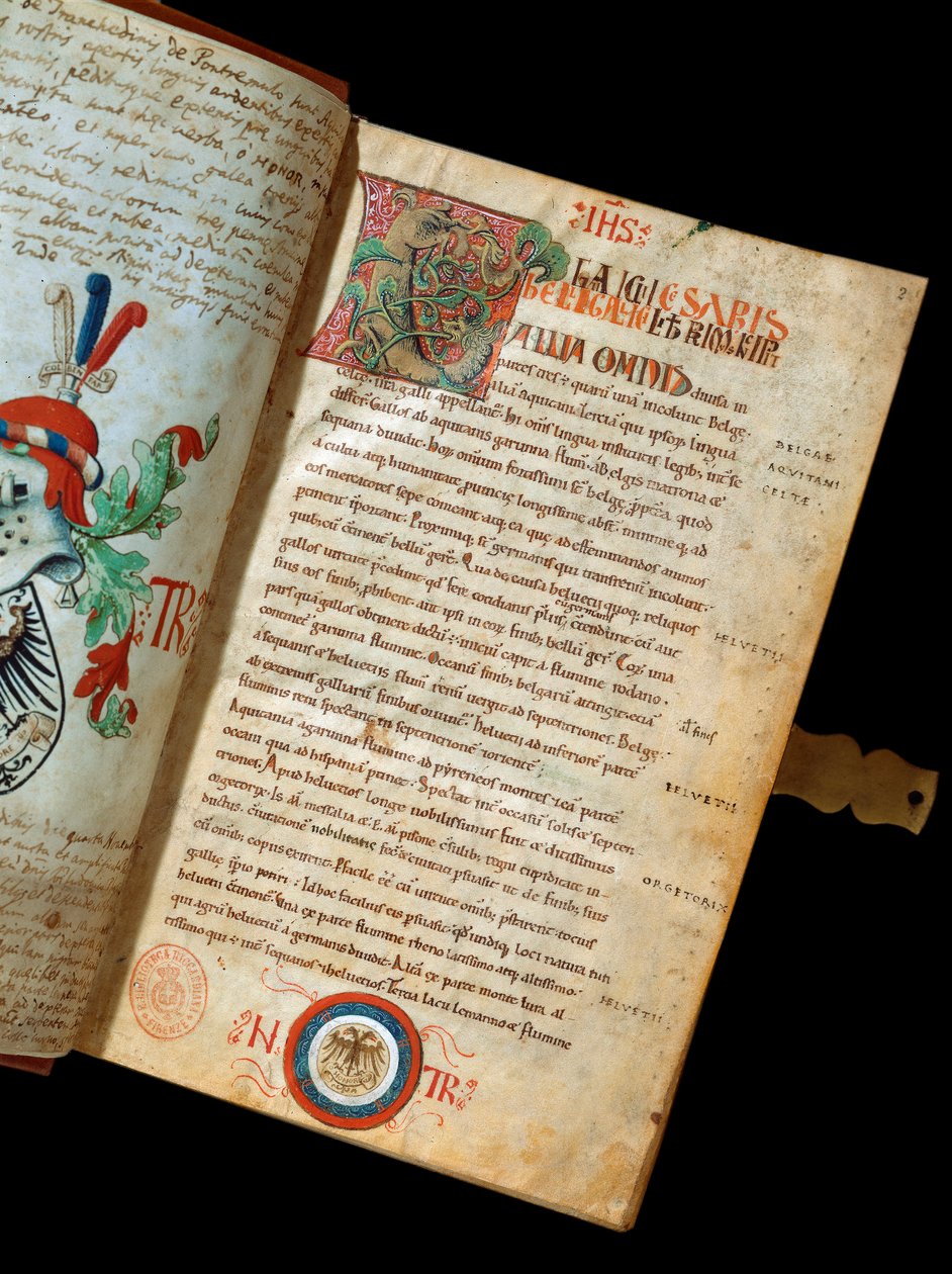 Jules Cesar (Giulio Cesare vagy Caius Julius Caesar) (Kr. e. 100-44) „” De Bello Gallico, Megjegyzések a gallok háborújához” kézirat (sz. 541) Niccolo Tranchedini humanista, a kézirat tulajdonosának Blazonja. 14. századi Biblioteca Riccardiana Nápoly alkotó: Italian School