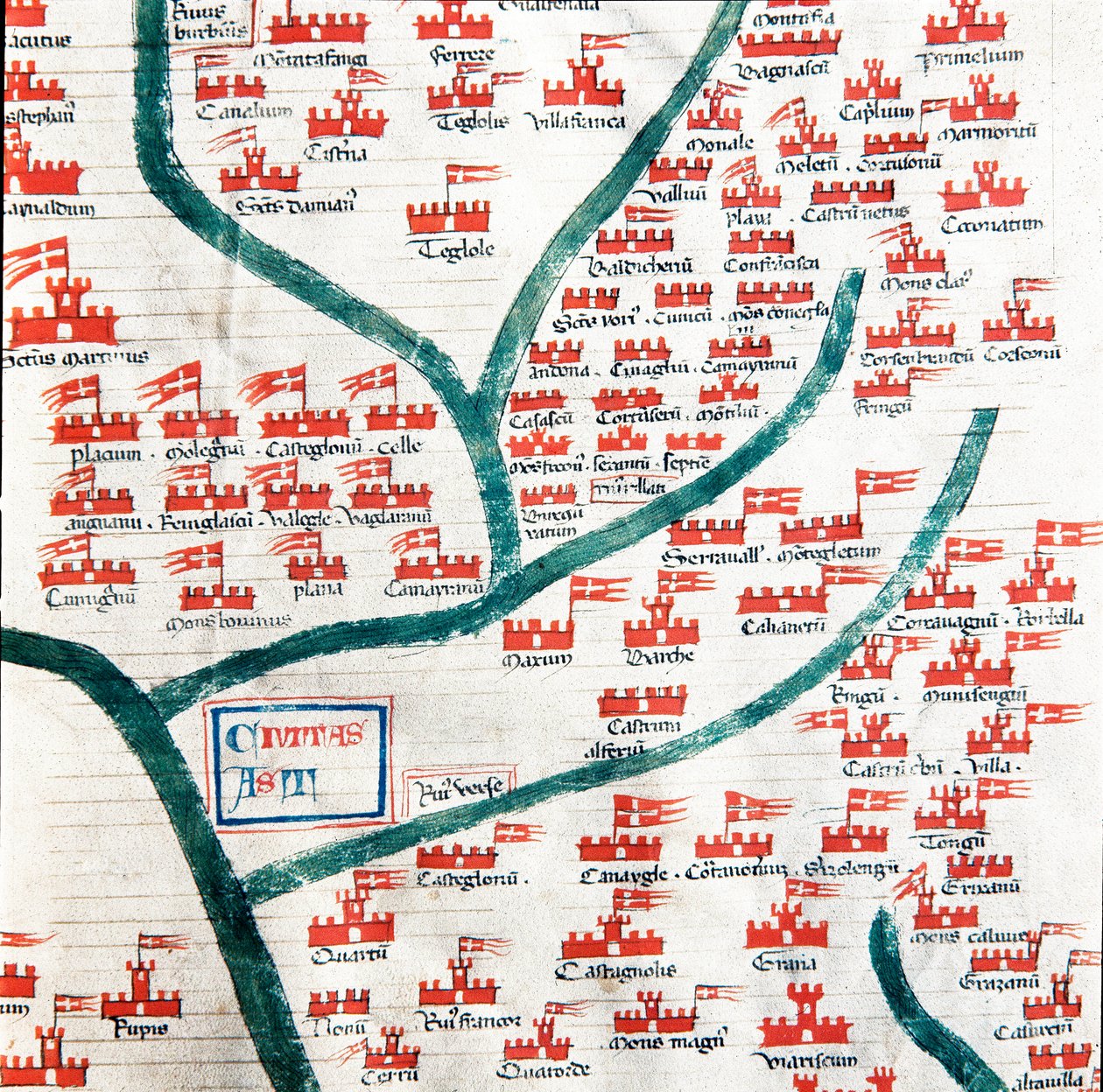 A 13. századi Asti városhoz tartozó településeket ábrázoló térkép A „Codex Astensis” (vagy Malabayla) miniatúrája, Asti város 1065 és 1353 közötti krónikái. 14. század. Őrizze Asti polgármesterében alkotó: Italian School