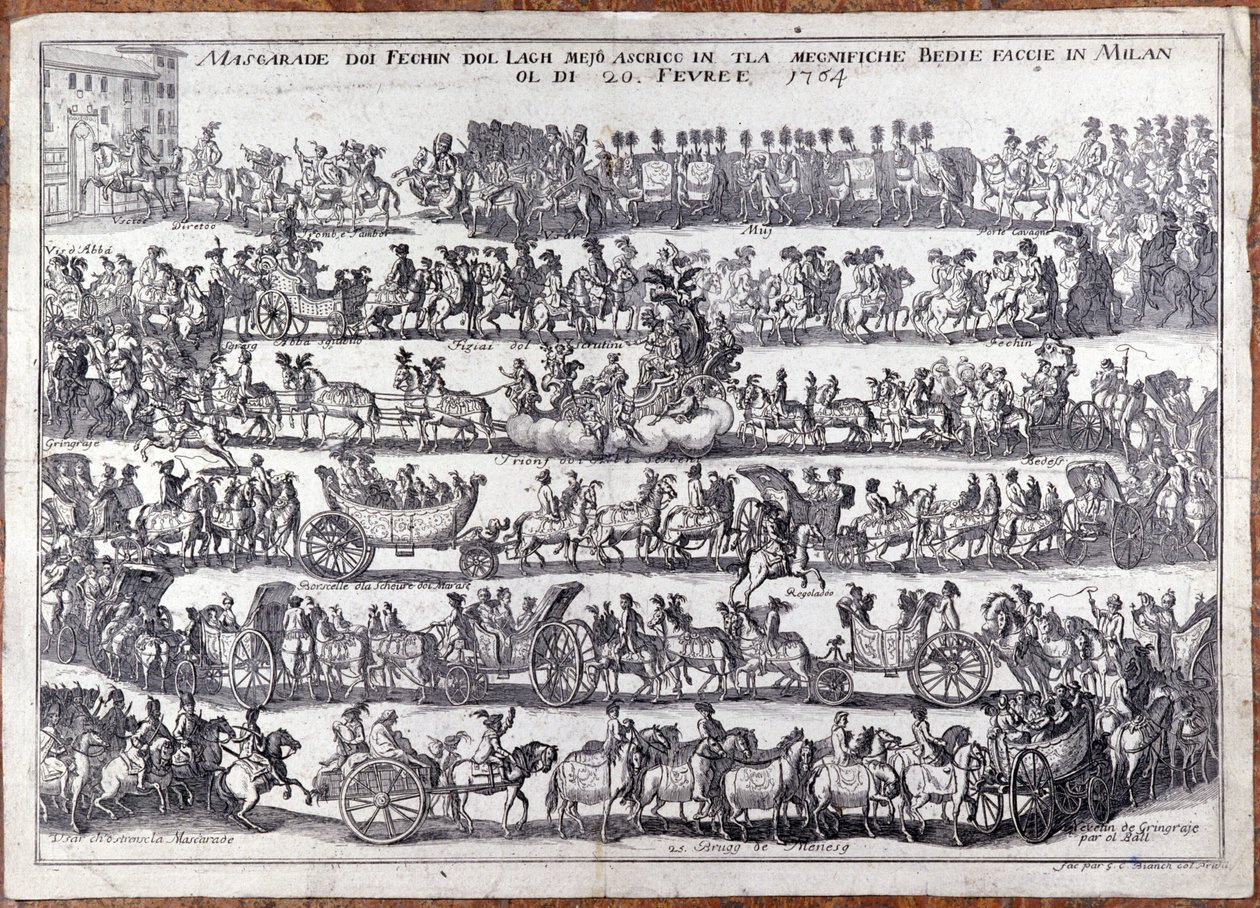 Álarcos: felvonulás és népmaszkok tánca farsang alkalmából. Milánó 1764.02.20. Metszet a 18. századról alkotó: Italian School