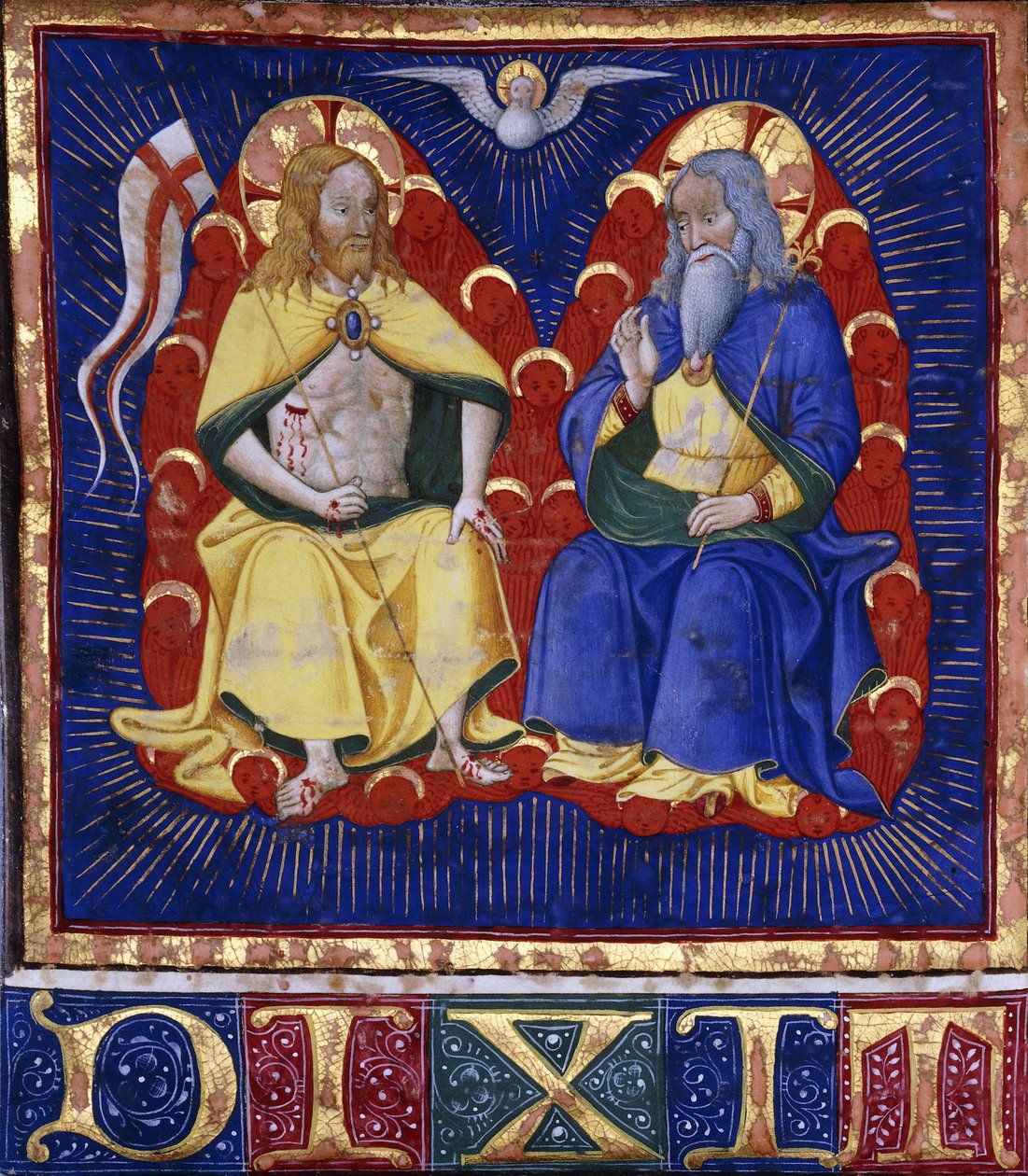 A Vitae Imperatorum mestere: A Szentháromság, miniatűr egy megvilágított kóruskönyvből, hártyán, 1440 körül (festés és csiszolt arany pergamenre) alkotó: Italian School