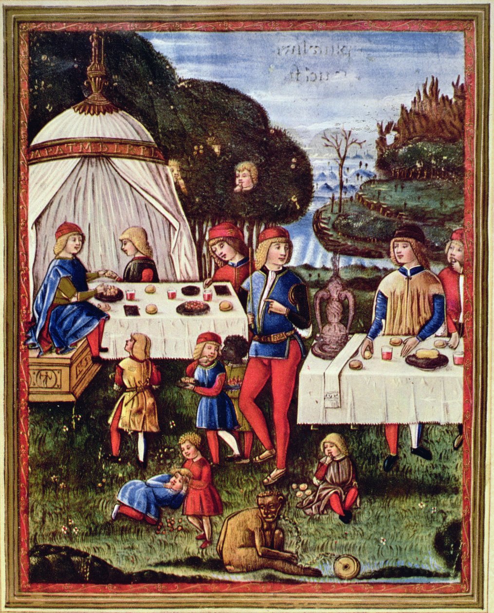 Maximilian Sforza gyermekként a kertben étkezik, illusztráció az „Ars grammatica” (velum) másolatából alkotó: Italian School
