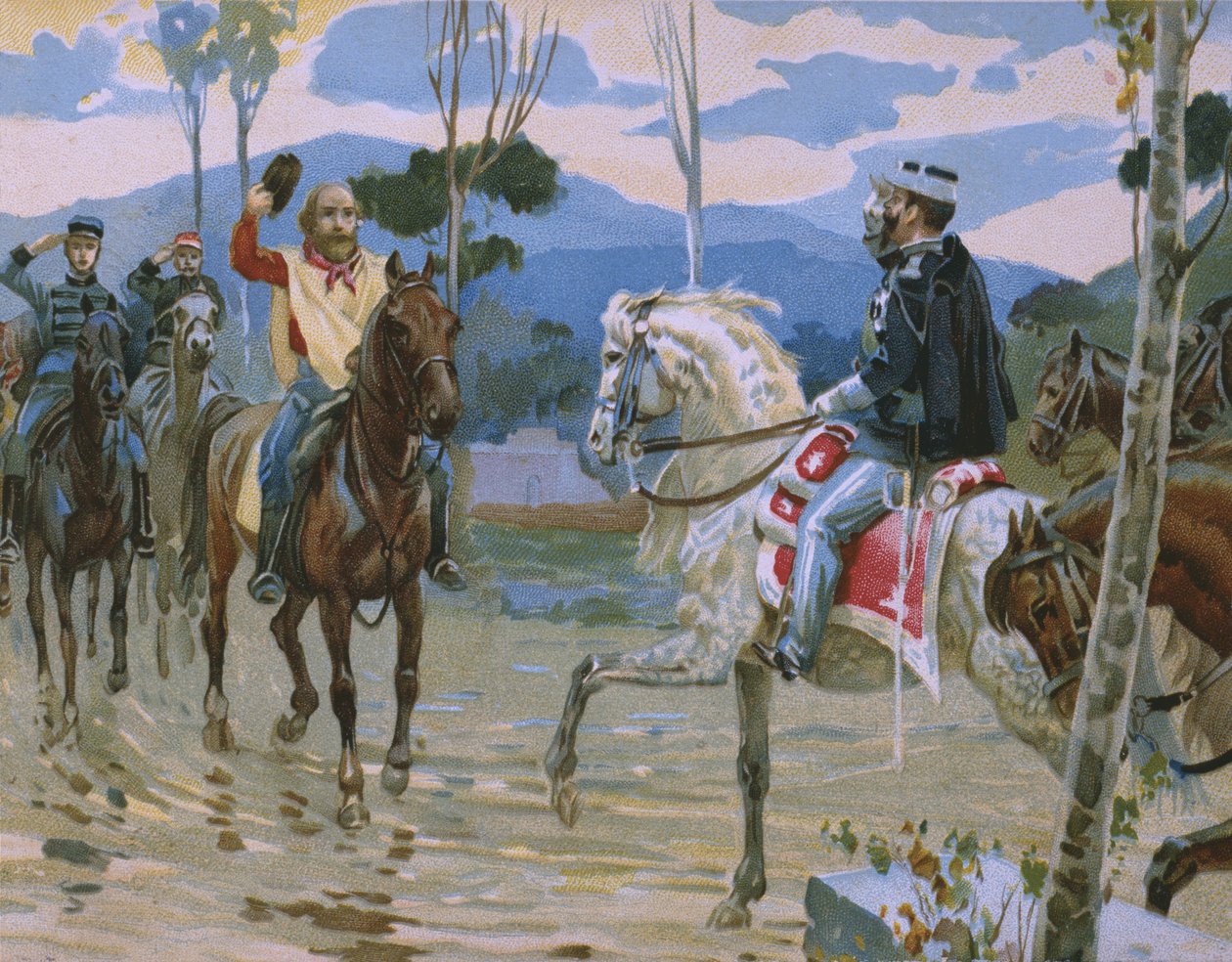 Giuseppe Garibaldi és II. Viktor Emmánuel király (1820-78) találkozója 1860. október 26-án Teanóban, illusztráció a Risorgimento történetét bemutató albumból, amely a Talmone csokoládéhoz készült, la alkotó: Italian School