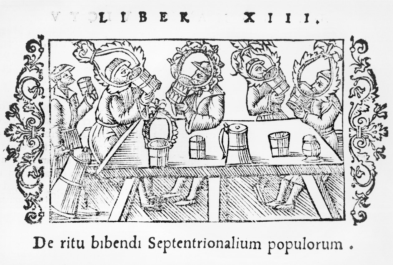 Férfiak isznak, illusztráció Olaus Magnus (1490-1558) Az északi nemzetek története című könyvéből, megjelent Rómában, 1555 alkotó: Italian School