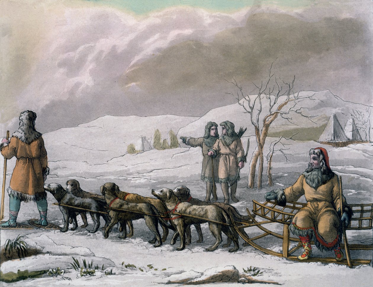 Kamcsatskai férfiak kutyaszánnal, a Costumi dei-ből, Giulio Ferrario, 1820-30-as évek alkotó: Italian School