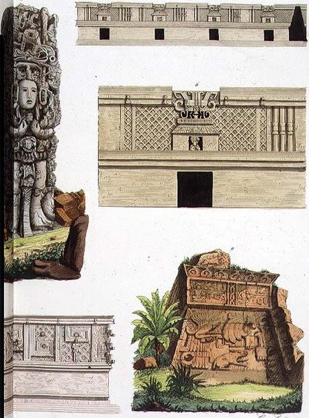Mexikói régiségek, építészeti részletek a „Nemzetek története” (akvatinta) 48. táblájáról (lásd még: 94497) alkotó: Italian School