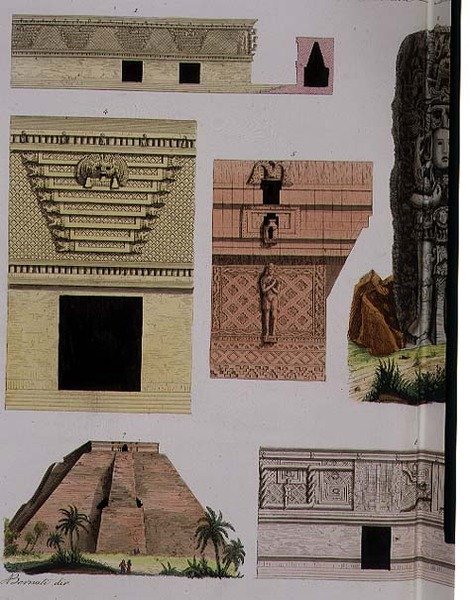 Mexikói régiségek, építészeti részletek a "The History of the Nations" 48. táblájáról (aquatinta) (lásd még 94498) alkotó: Italian School