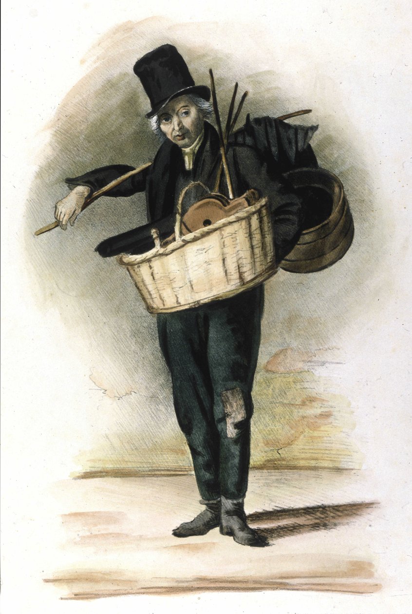 Milanese Metier: esernyők, esernyők és fújtatók javítója. Locarnói metszet 1830-ból. alkotó: Italian School