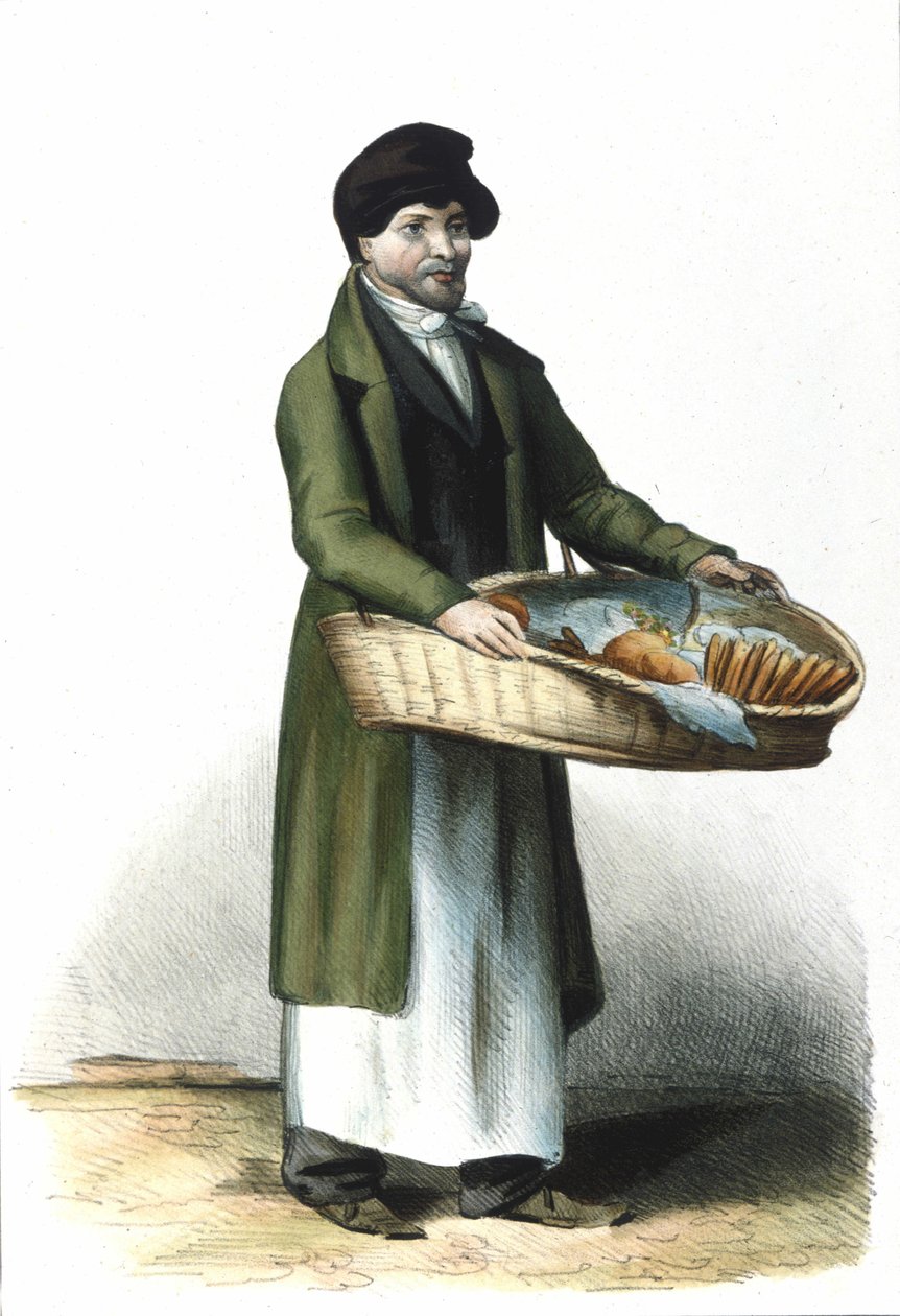 Milánói Metier: kekszek és sütemények eladója. 1830-as locarnói metszet. alkotó: Italian School