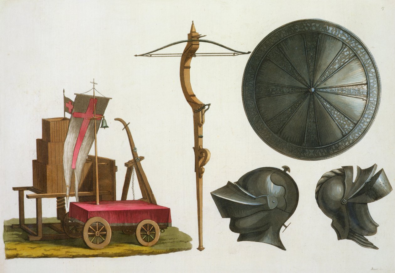 Milánói szekér, számszeríj és páncél, 17. tábla a Le Costume Ancien et Moderne-ból, Jules Ferrario, kiadva az 1820-as és 30-as évek körül alkotó: Italian School