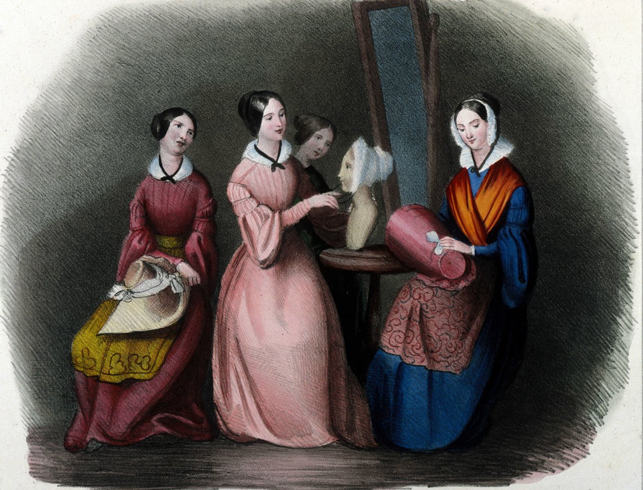 Milánói metier: fiatal nők által készített kalapok. 1830-as locarnói metszet. alkotó: Italian School