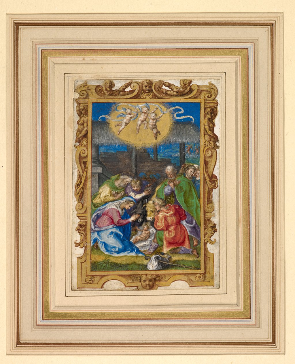 A Születés miniatúrája a Szent Családdal és a pásztorokkal egy istállóban, három puttival, amelyek fölött egy feliratos tekercs, a háttérben pedig a pásztoroknak szóló angyali üdvözlet (vellum) alkotó: Italian School