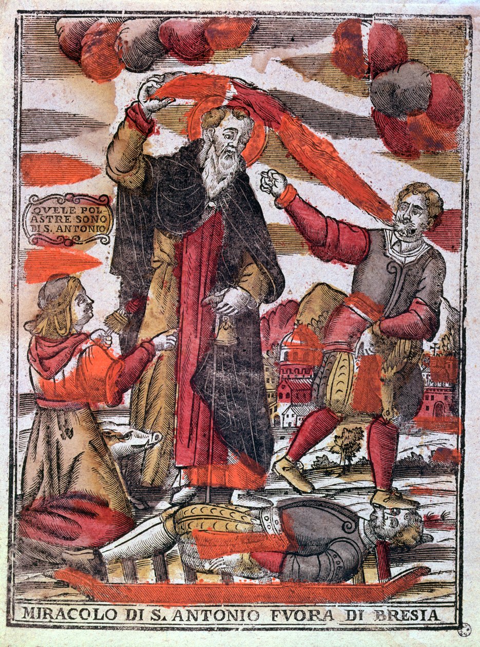 Nagy Szent Antal csodája, aki meggyógyított egy mérgezett embert (színes fatömbnyomat) alkotó: Italian School
