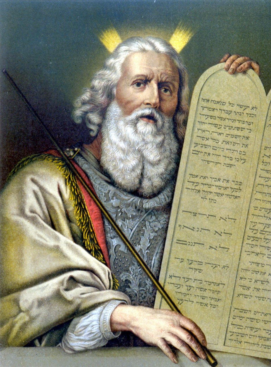 Mózes tartja a törvényasztalt – „Arany klasszikus Biblia: az isteni kinyilatkoztatás története az ókorban és az új törekvésekben”” Giovanni Ladislao Sykora (1. köt.), Don Clemente Benetti fordítása. (olasz Biblia) alkotó: Italian School
